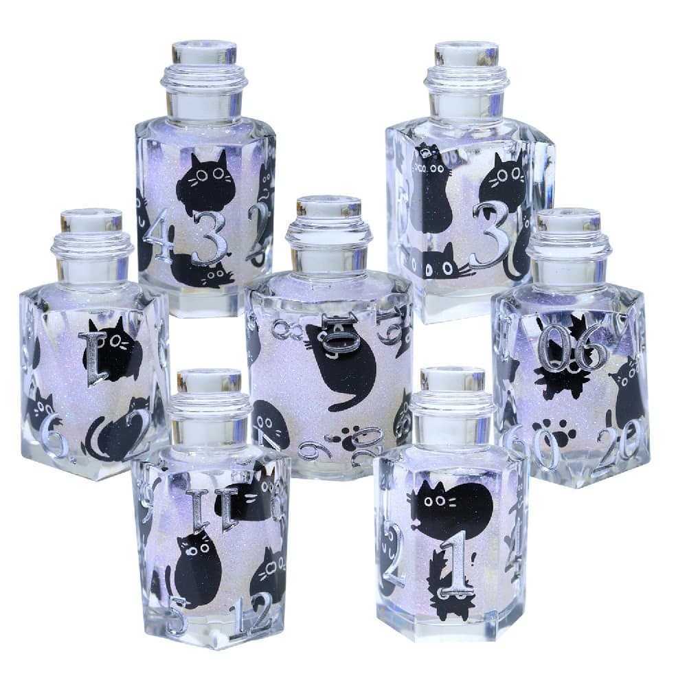 Clear Black Cat Print Potion Bottle Resin Sharp Edge Dice Set 7PCS For DND TTRPG