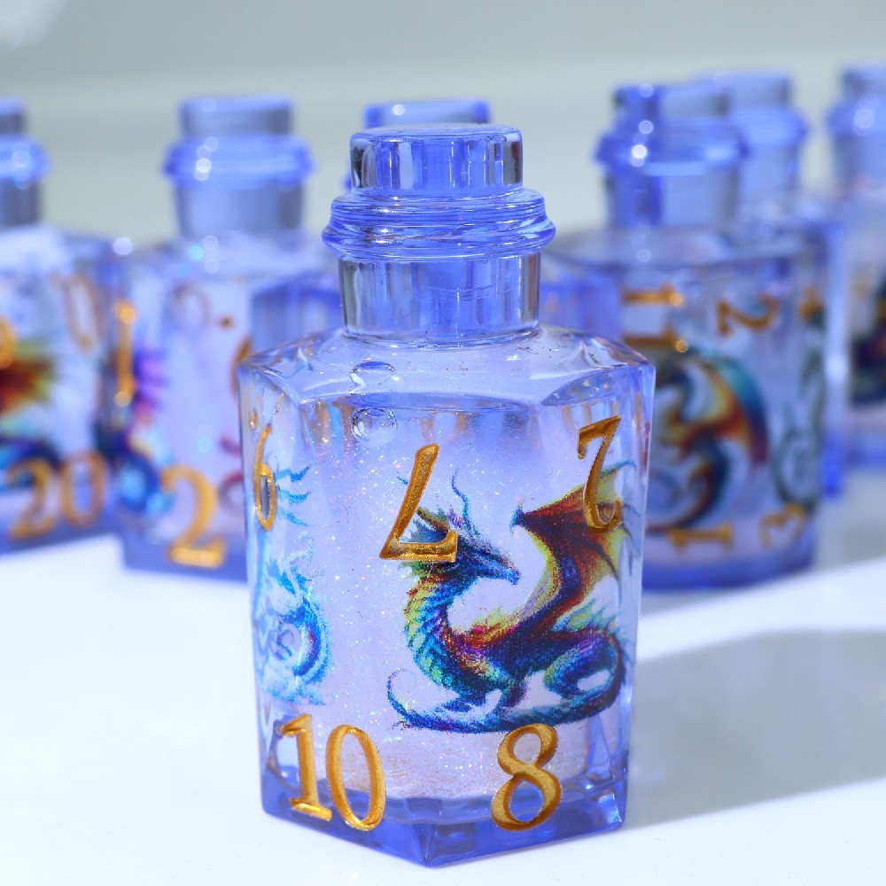 Blue Rainbow Dragon Print Potion Bottle Resin Sharp Edge Dice Set 7PCS For DND TTRPG