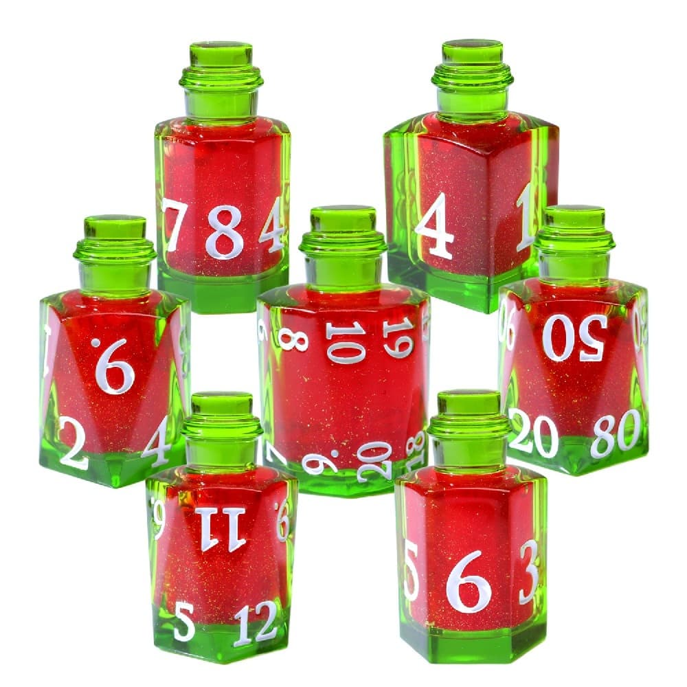 Green Cap Red Glitter Potion Bottle Resin Sharp Edge Dice Set 7PCS For DND TTRPG