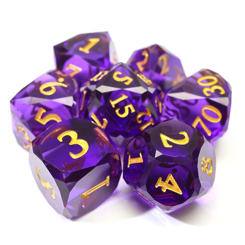 Solid Transparent Amethyst Purple Diamond Cut Resin Sharp Edge Dice Set 7PCS For DND TTRPG