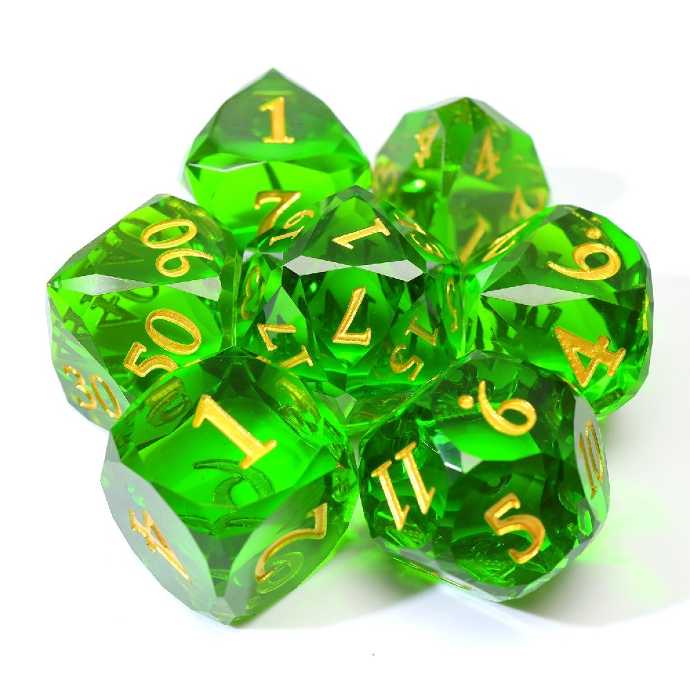 Solid Transparent Emerald Green Diamond Cut Resin Sharp Edge Dice Set 7PCS For DND TTRPG