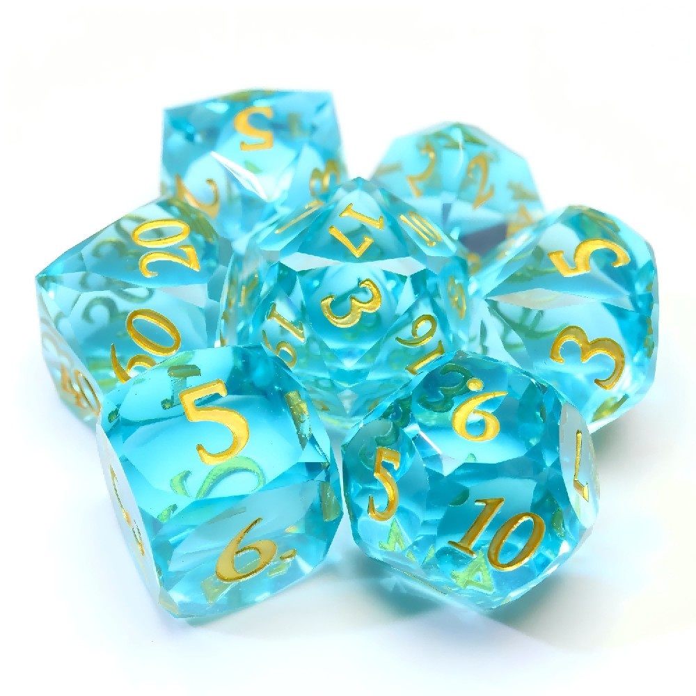 Solid Transparent Light Cyan Diamond Cut Resin Sharp Edge Dice Set 7PCS For DND TTRPG