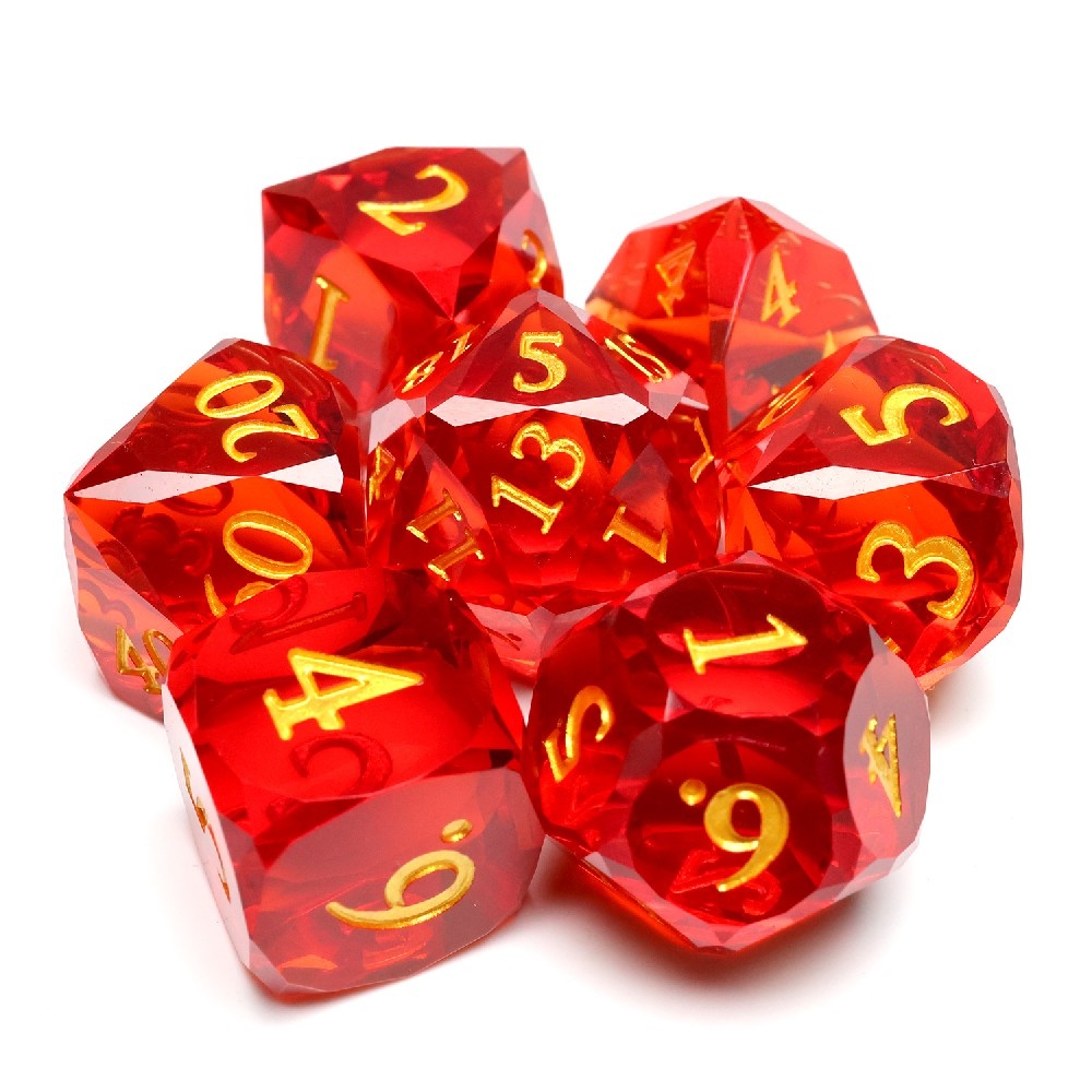 Solid Transparent Red Diamond Cut Resin Sharp Edge Dice Set 7PCS For DND TTRPG