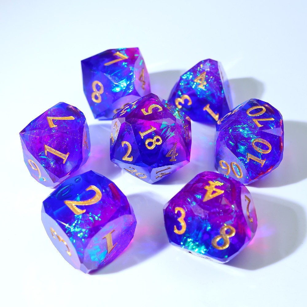 Purple Blue Gradient Diamond Cut Holographic Foil Resin Sharp Edge Dice Set 7PCS For DND TTRPG