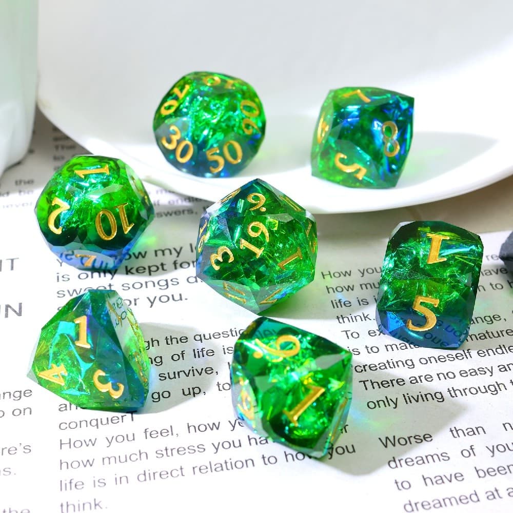 Green Blue Gradient Diamond Cut Sharp Edge Resin Dice Set 7PCS For DND TTRPG