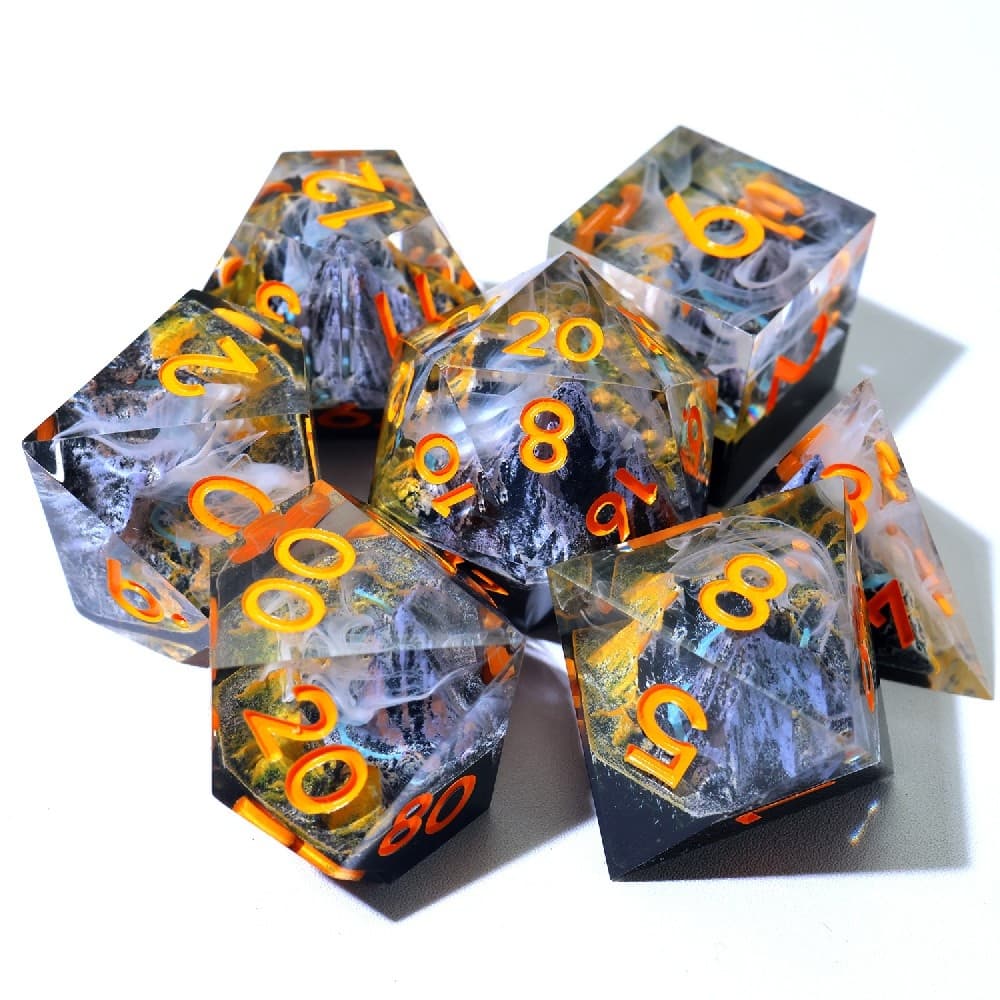 Black Base Golden Mist Mountain Resin Sharp Edge Dice Set 7PCS For DND TTRPG