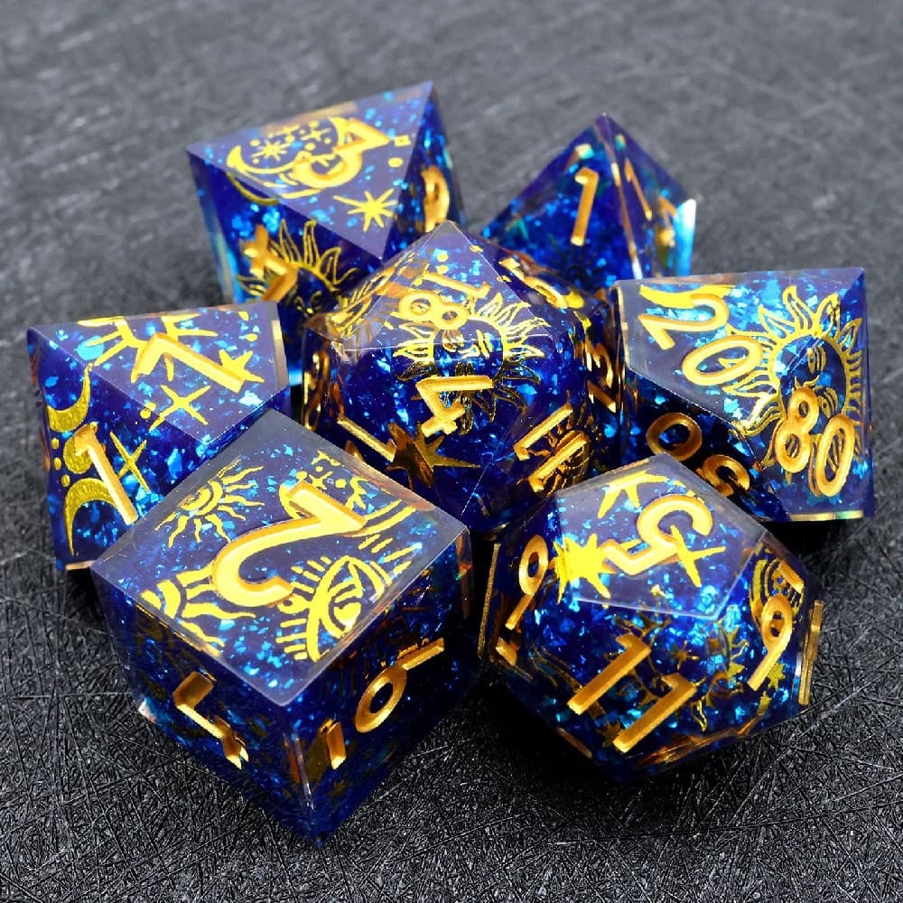 Blue and Gold Celestial Body Art Core Dice Set 7 pieces Set Sharp Edge Resin RPG Dice