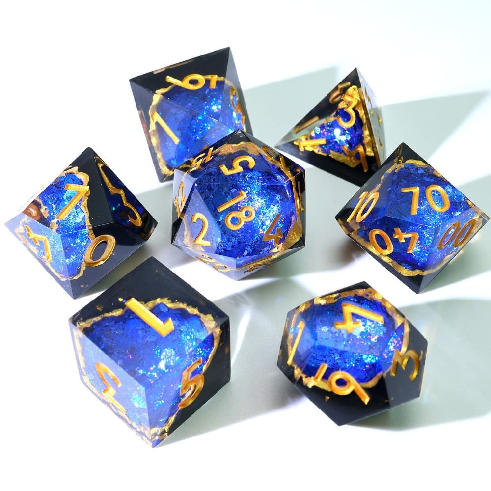 Cosmic Blue Glitter Geode Resin Dice Set | Sharp Edge DND Dices Gift | Handmade Galaxy Polyhedral Dice for RPG, D&D