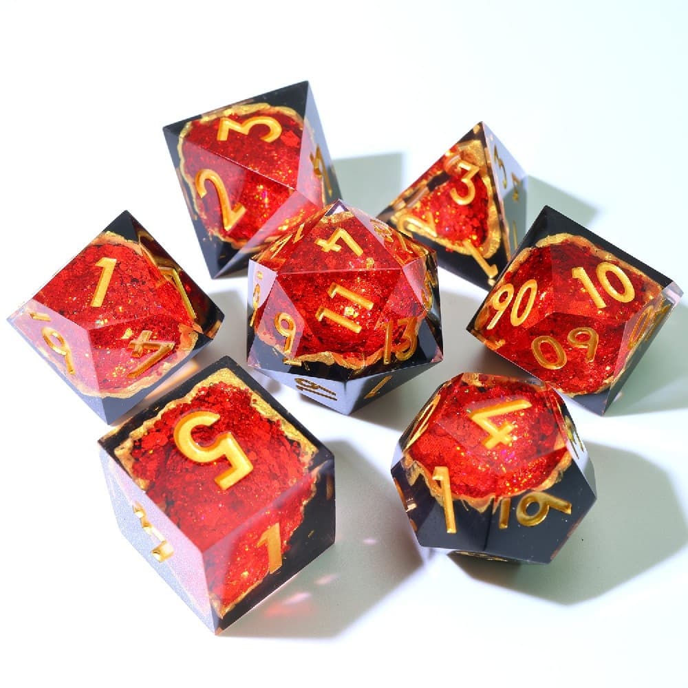 Geode Dice 7 Piece Set Sharp Edge Dice Set Fiery Red Glittering Geode Windows Layered With Black and Gold Polyhedral Dice for RPG