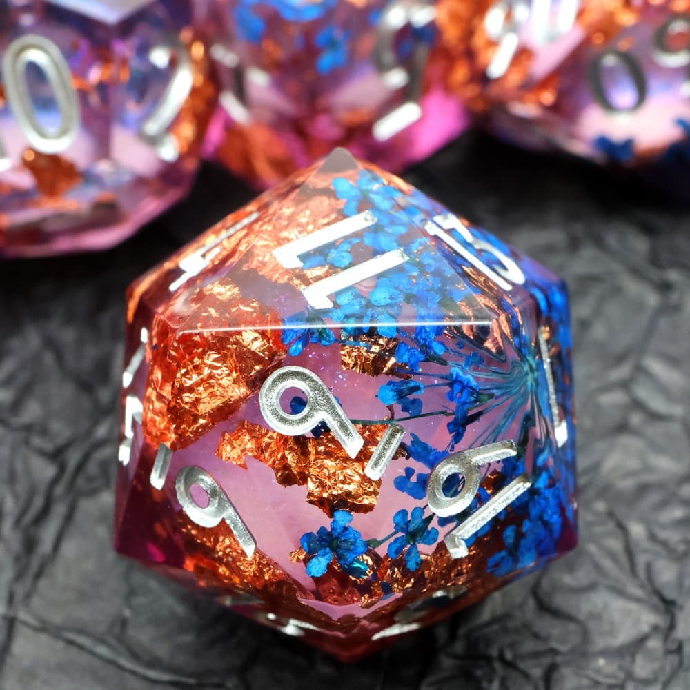 Liquid Core Dice with Blue Dried Flower & Copper Foil