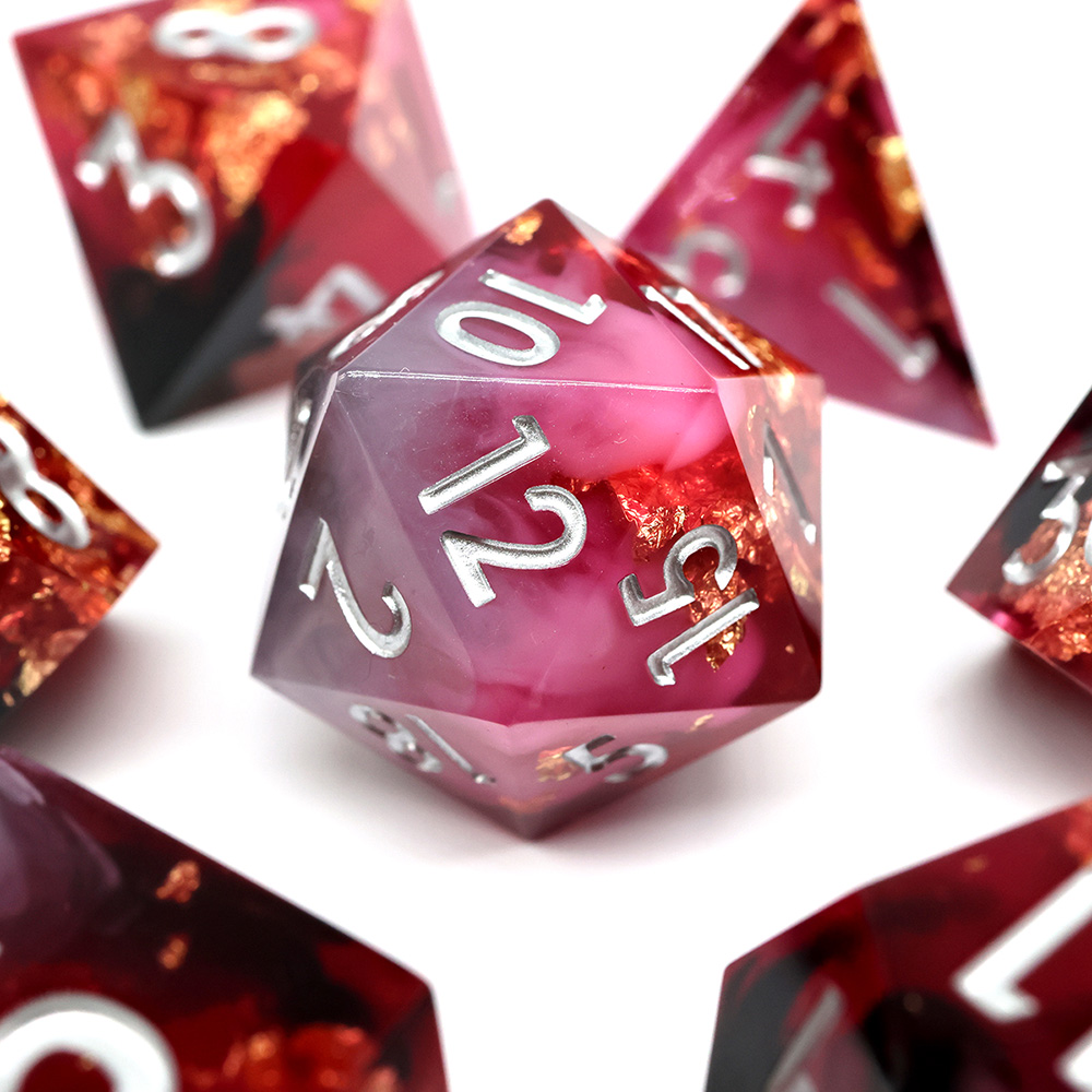 7PCS Pink Black Swirl Gold Foil Sharp Edge Resin Dice Set Polyhedral DND Dice for RPG Tabletop Games