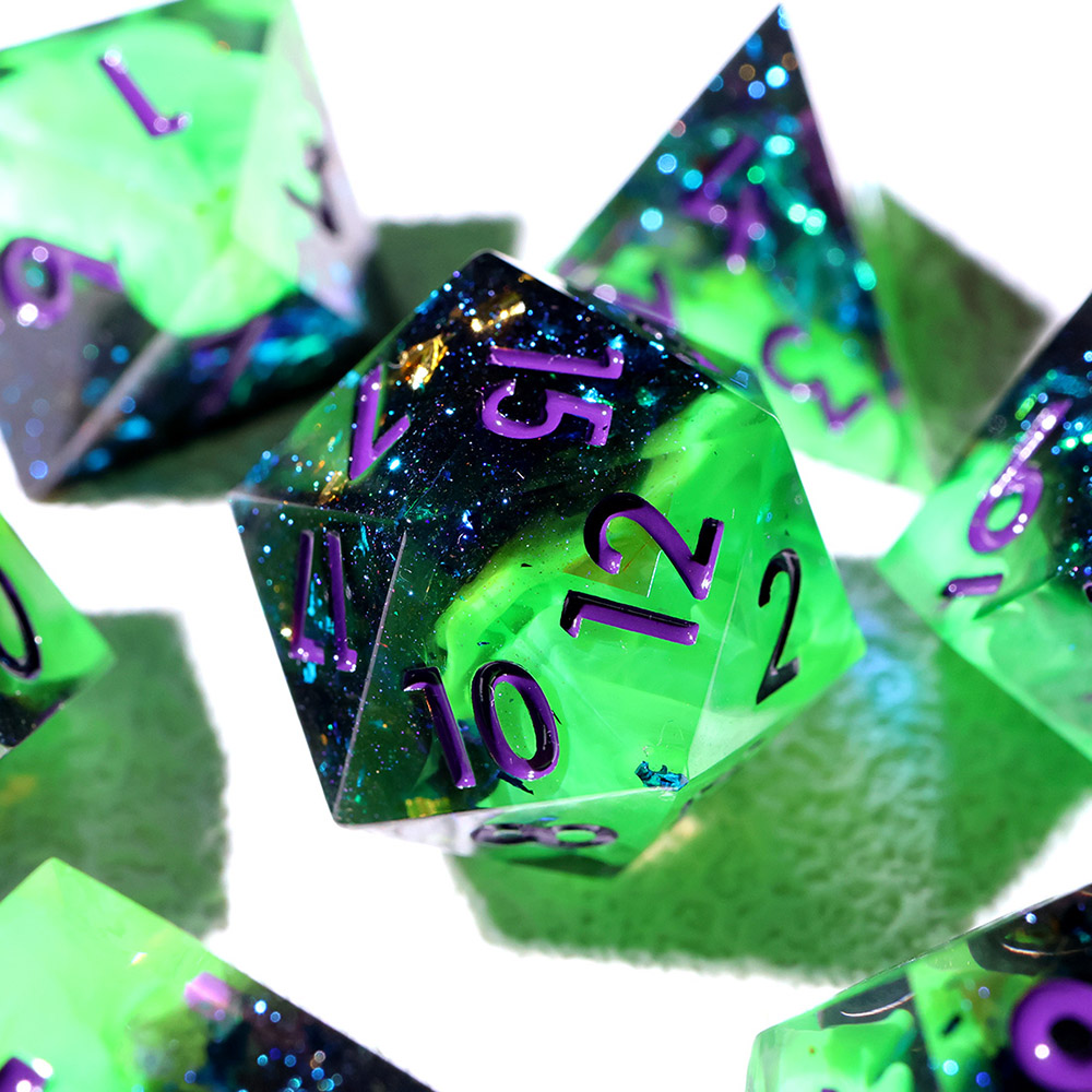 Neon Green Black Gradient Sharp Edge Resin Dice Set 7PCS Polyhedral Dice with Iridescent Glitter Flakes for D&D TTRPG Tabletop Games