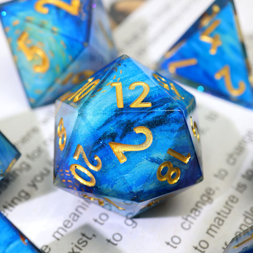 Blue Nebula Galaxy Sharp Edge Resin Dice Set 7PCS for DND TTRPG Tabletop Games