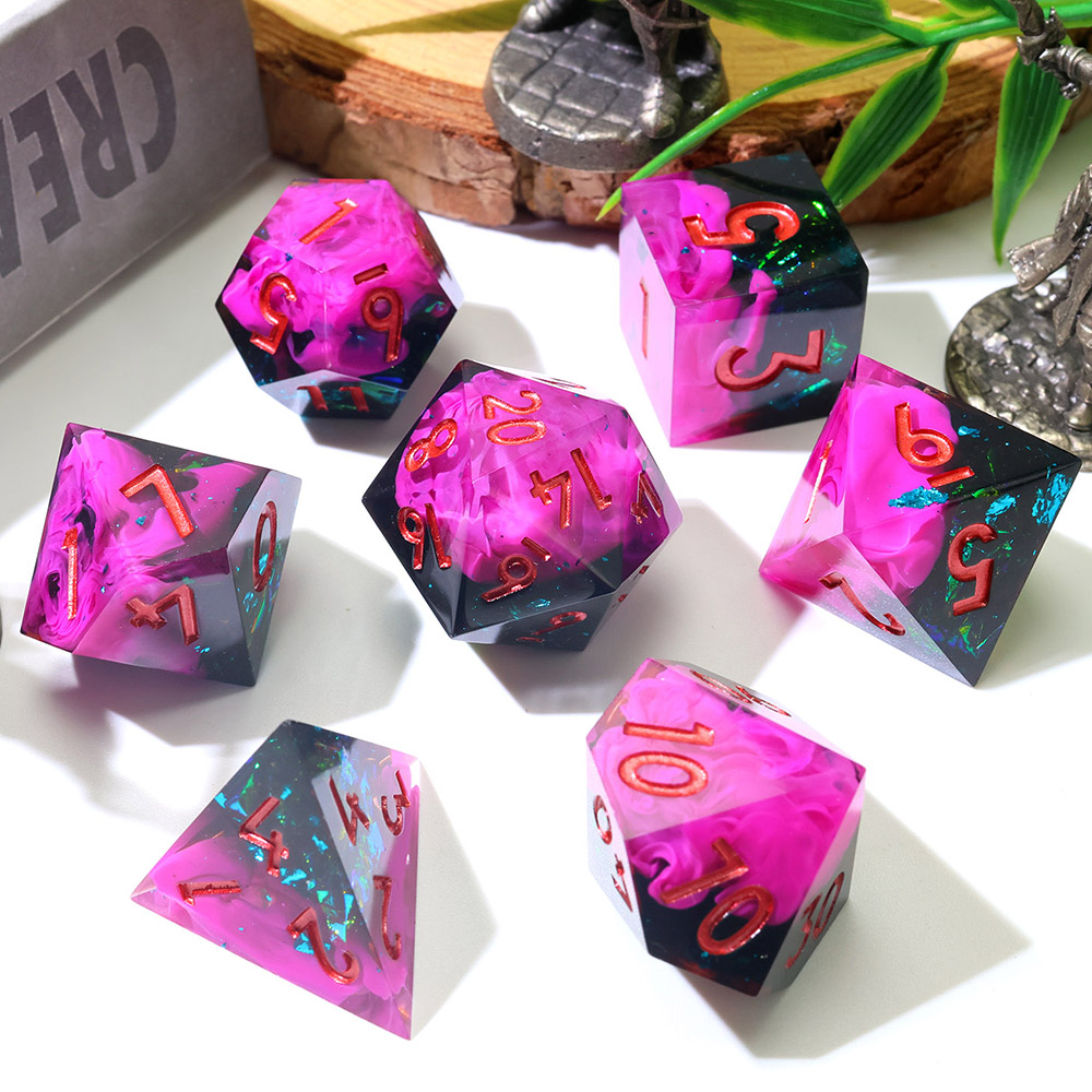 Purple Pink Black Sharp Edge Resin Dice Set 7PCS Polyhedral Dice with Iridescent Glitter Flakes for D&D TTRPG Tabletop Games