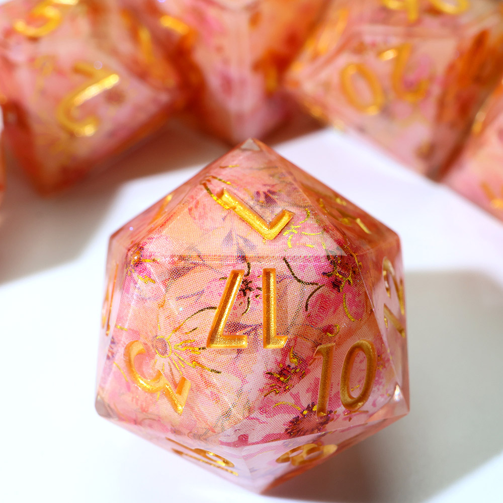 Pink Dried Flower Gold Foil Sharp Edge Resin Dice Set 7PCS for DND TTRPG