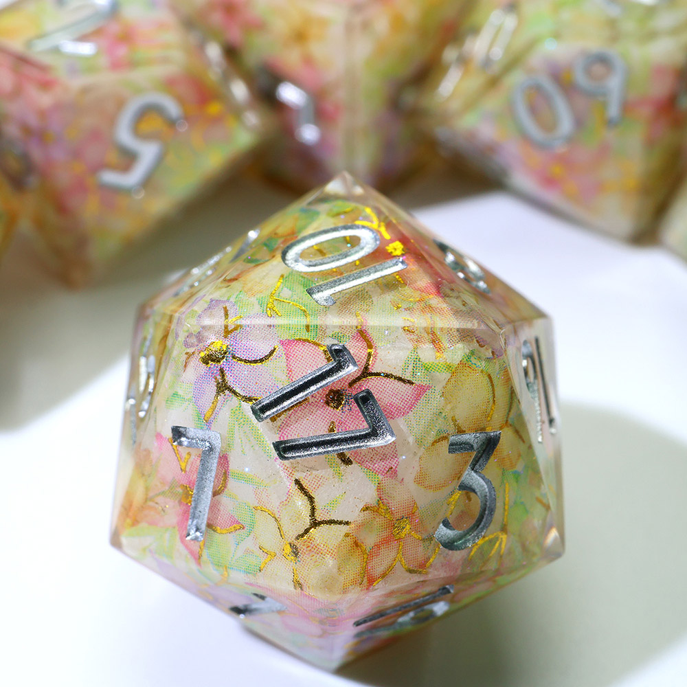 Watercolor Floral Silver Number Sharp Edge Resin Dice Set 7PCS For DND TTRPG