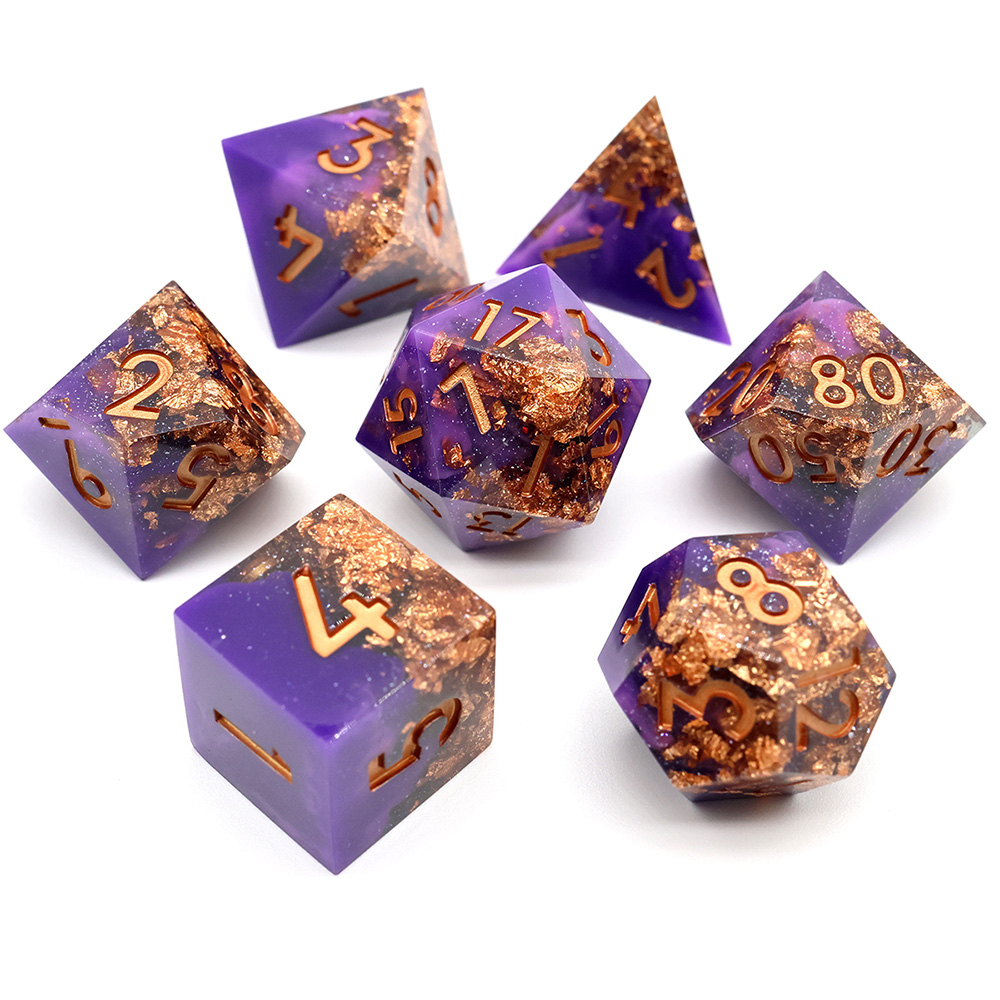 Deep Purple Copper Gold Foil Sharp Edge Resin Dice Set, 7PCS Polyhedral Dice for D&D TTRPG Tabletop Games