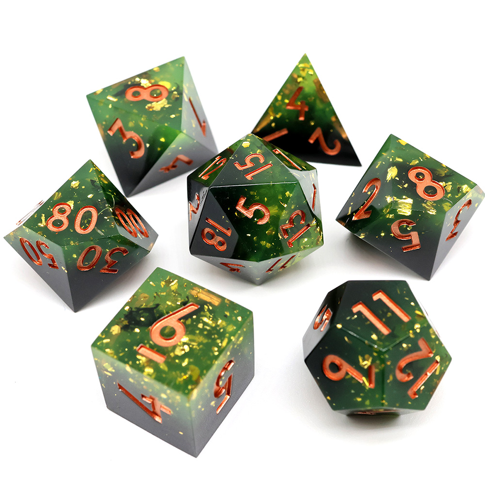 Green Black Gradient Sharp Edge Resin Dice Set, 7PCS Polyhedral Dice with Gold Foil Flakes & Copper Numbers for D&D TTRPG Tabletop Games