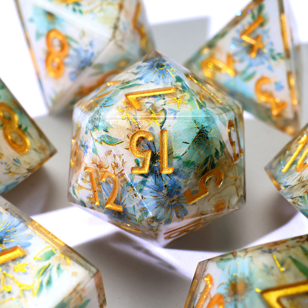 Light Blue Dried Flower Gold Foil Sharp Edge Resin Dice Set 7PCS For DND TTRPG