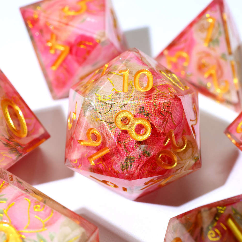Pink Rose Floral Sharp Edge Resin Dice Set 7PCS For DND TTRPG Tabletop Games