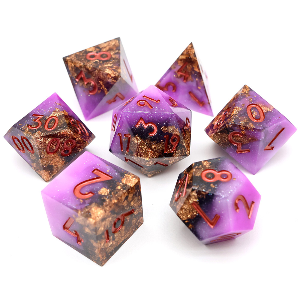 Purple Black Nebula Copper Gold Foil Sharp Edge Resin Dice Set, 7PCS Polyhedral Dice with Glitter & Copper Numbers for D&D TTRPG Tabletop Games