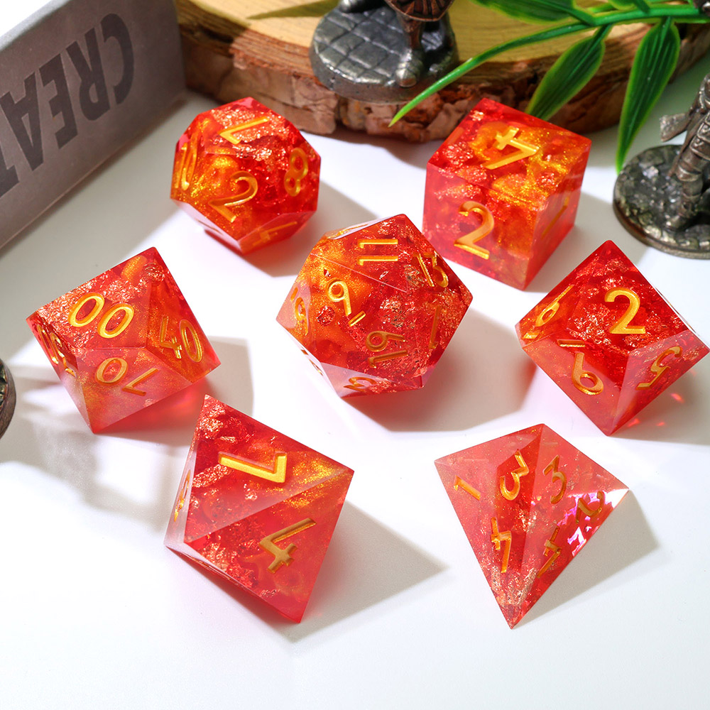 Red Orange Amber Gradient Sharp Edge Resin Dice Set, 7PCS Polyhedral Dice with Gold Foil Flakes & Gold Numbers for D&D TTRPG Tabletop Games