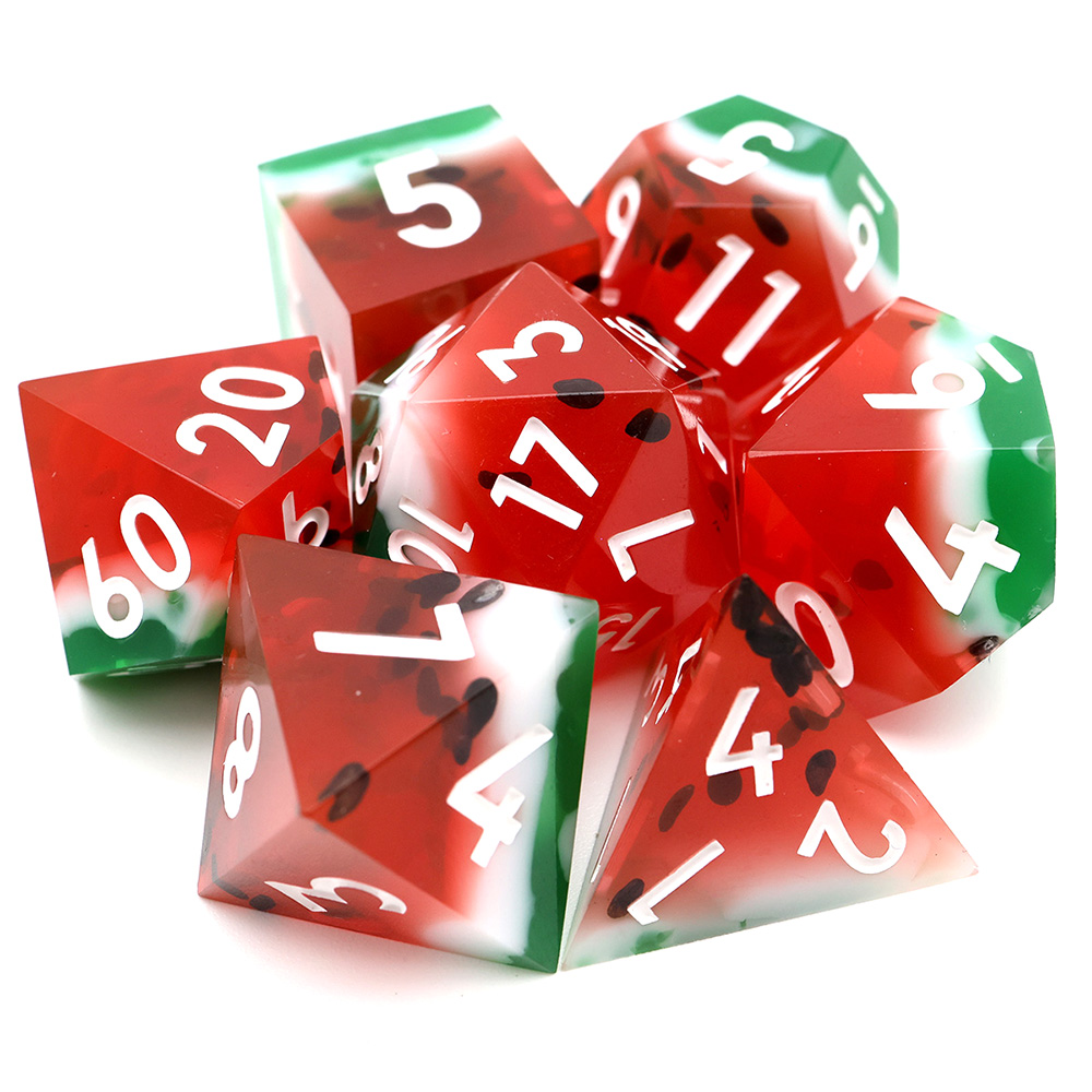 Watermelon Themed Red Green White Sharp Edge Resin Dice Set, 7PCS Polyhedral Dice with Black Seed Flakes & White Numbers for D&D TTRPG Tabletop Games