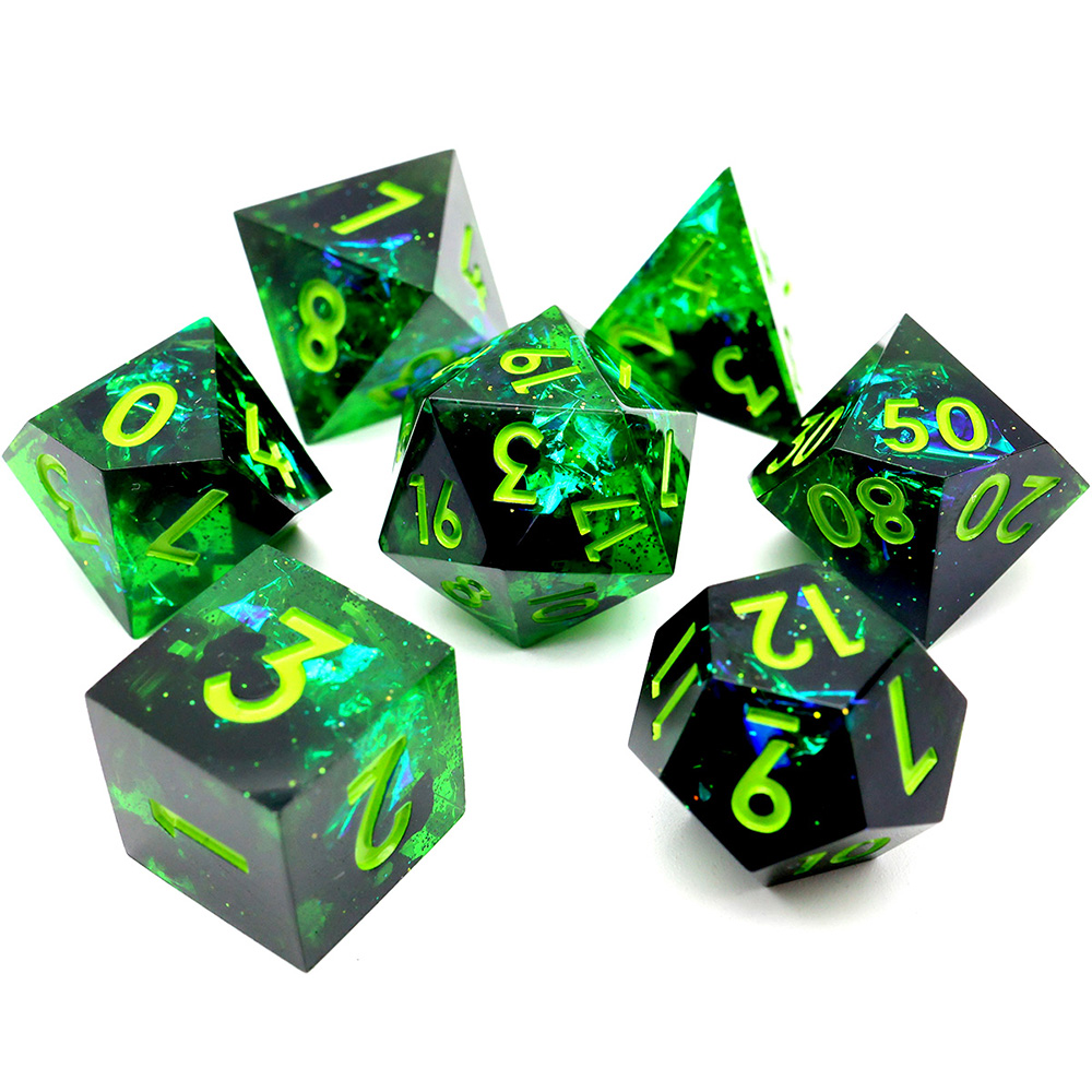 Black Green Neon Sharp Edge Resin Dice Set, 7PCS Polyhedral Dice with Glitter Flakes & Bright Green Numbers for D&D TTRPG Tabletop Games