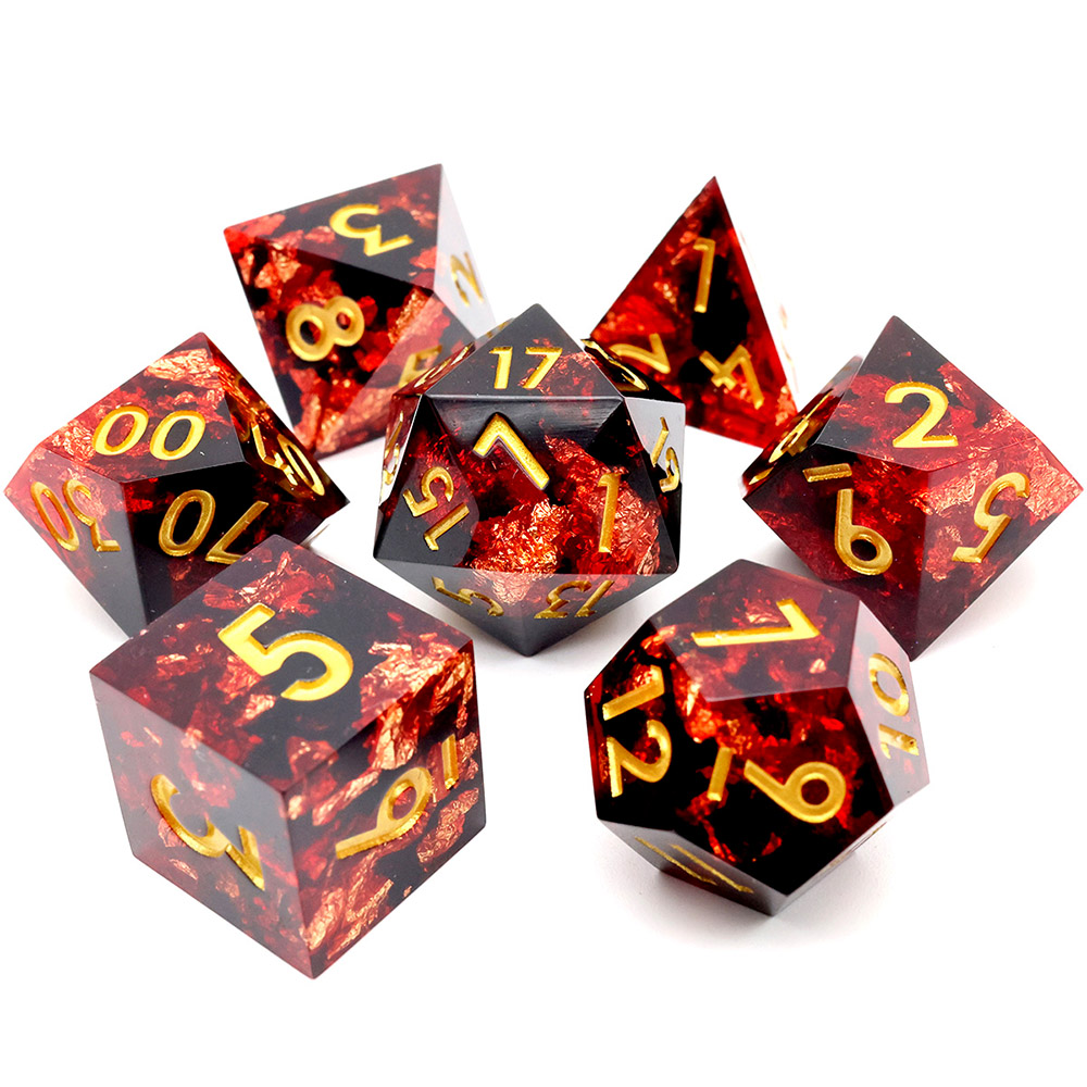 Red Black Clear Gold Foil Sharp Edge Resin Dice Set, 7PCS Polyhedral Dice with Gold Numbers for D&D TTRPG Tabletop Games