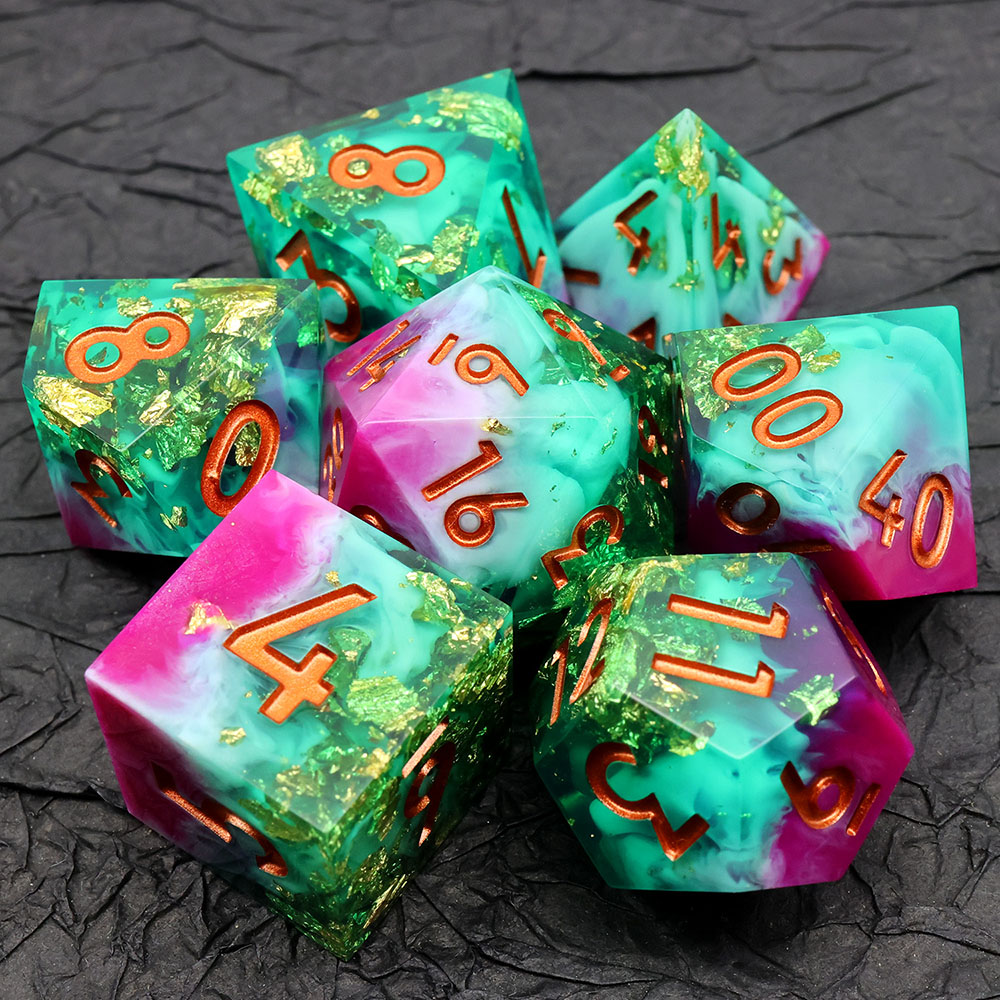 Teal Magenta Smoke Green Foil Sharp Edge Resin Dice Set, 7PCS Polyhedral Dice with Copper Numbers for D&D TTRPG Tabletop Games