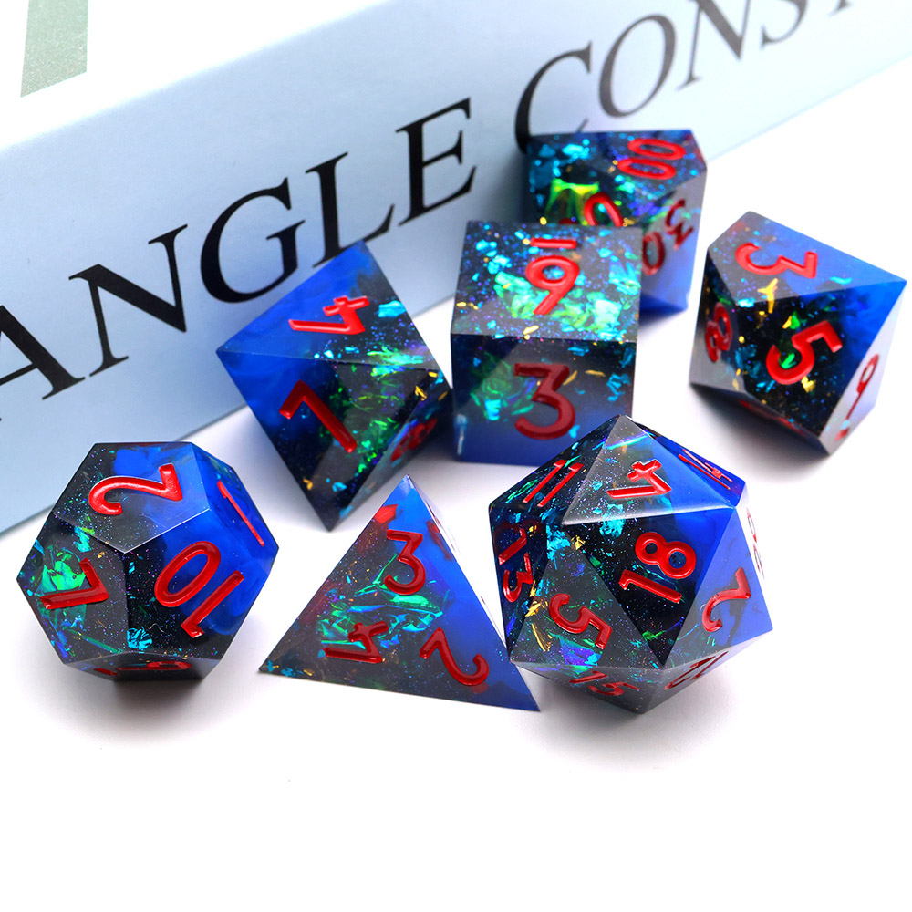 Blue Black Nebula Iridescent Sharp Edge Resin Dice Set, 7PCS Polyhedral Dice with Bright Red Numbers for D&D TTRPG Tabletop Games