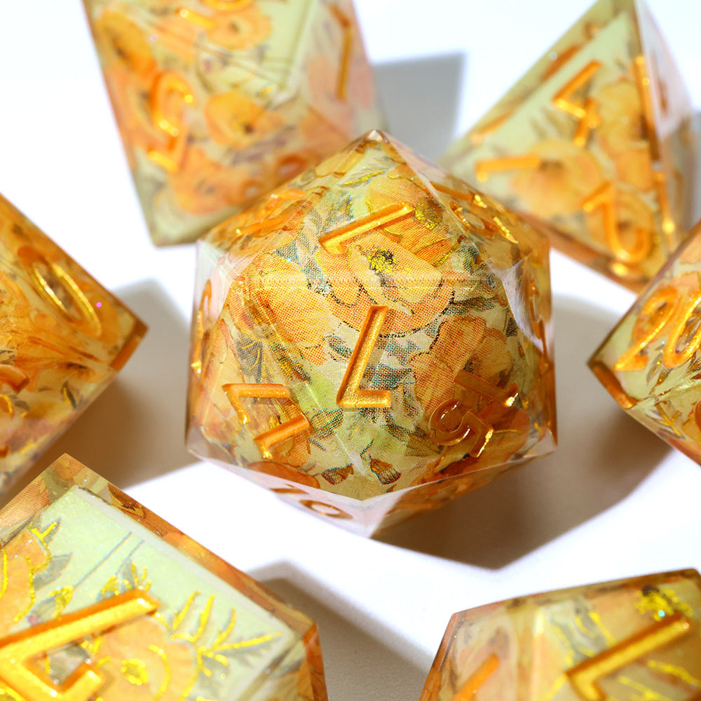 Warm Golden Yellow Floral Sharp Edge Resin Dice Set 7PCS For DND TTRPG Tabletop RPG Games