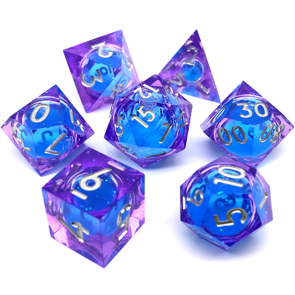 Purple Transparent Liquid Core Sharp Edge Resin Dice Set, 7PCS Polyhedral Dice with Blue Liquid Silver Iridescent Glitter & Silver Numbers for D&D TTRPG Tabletop Games