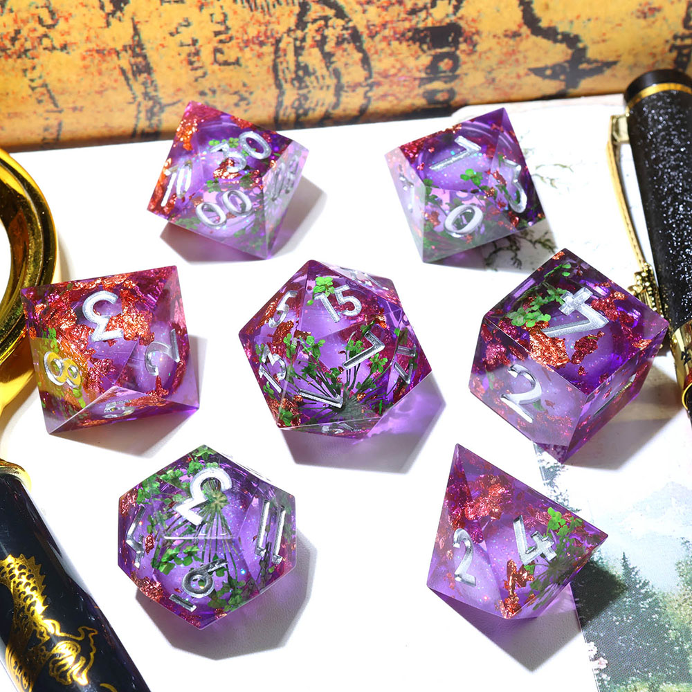 Purple Transparent Liquid Core Sharp Edge Resin Dice Set, 7PCS Polyhedral Dice with Blue Liquid Silver Iridescent Glitter & Silver Numbers for D&D TTRPG Tabletop Games