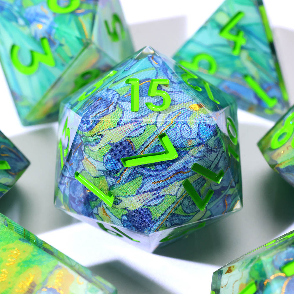 Van Gogh Iris Green Blue Swirl Sharp Edge Resin Dice Set 7PCS For DND TTRPG Tabletop Games