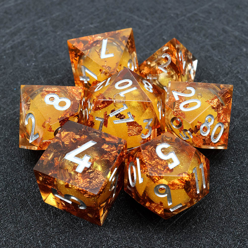 Amber Orange Transparent Liquid Core Sharp Edge Resin Dice Set, 7PCS Polyhedral Dice with Gold Foil & Silver Numbers for D&D TTRPG Tabletop Games