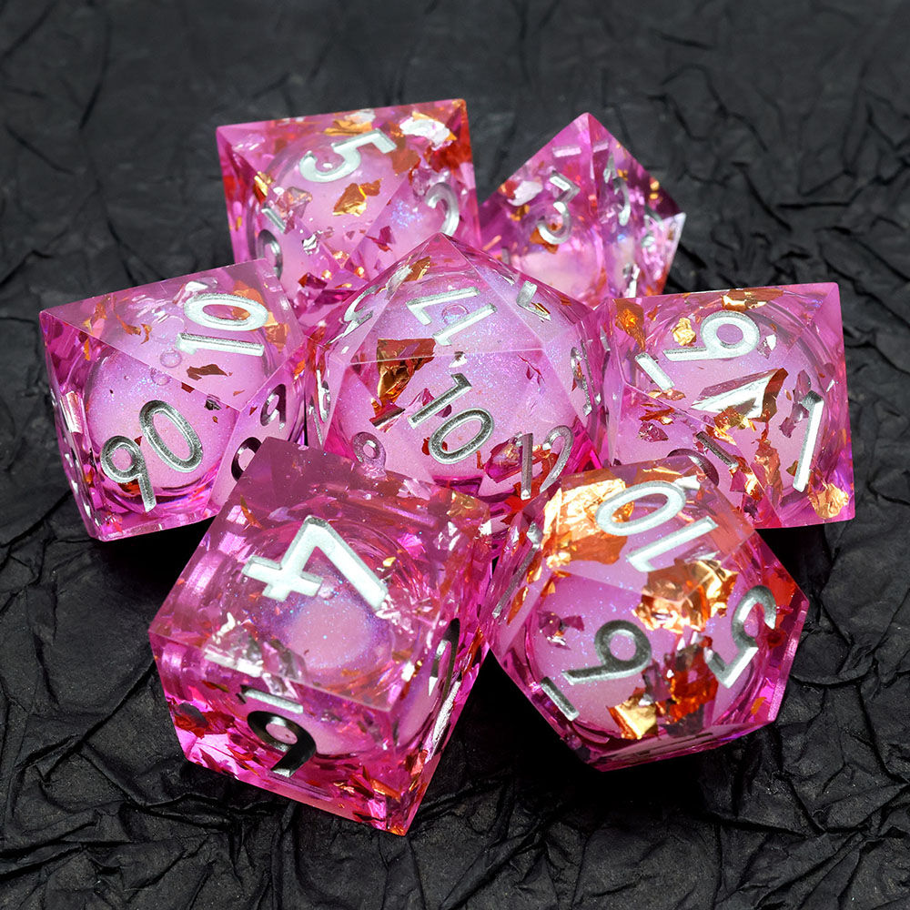 Pink Transparent Liquid Core Sharp Edge Resin Dice Set, 7PCS Polyhedral Dice with Gold Foil Glitter & Silver Numbers for D&D TTRPG Tabletop Games