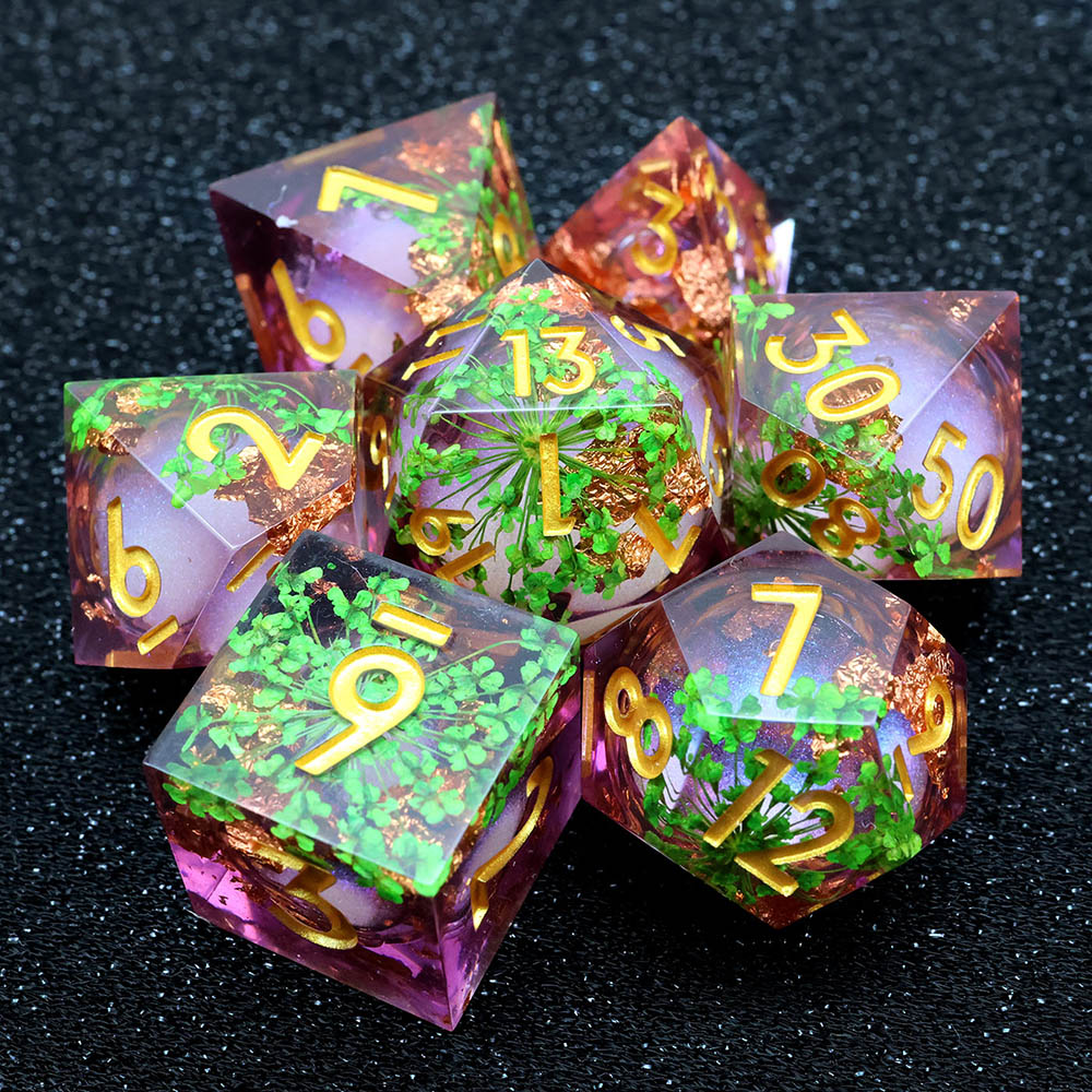Pink Purple Transparent Liquid Core Sharp Edge Resin Dice Set, 7PCS Polyhedral Dice with Green Dried Flowers Gold Foil & Gold Numbers for D&D TTRPG Tabletop Games
