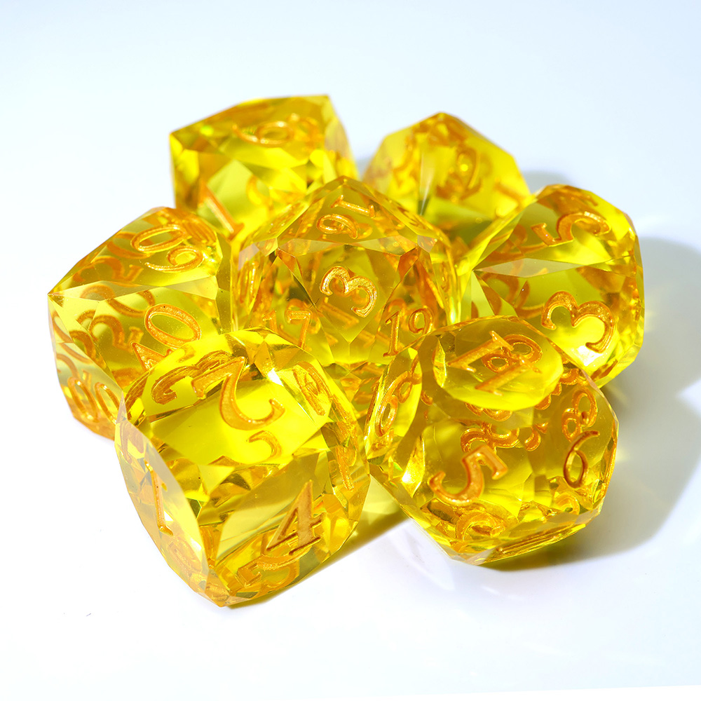 Yellow Transparent Diamond Shape Sharp Edge Resin Dice Set, 7PCS Polyhedral Dice with Gold Numbers, Faceted Crystal Cut for D&D TTRPG Tabletop Games