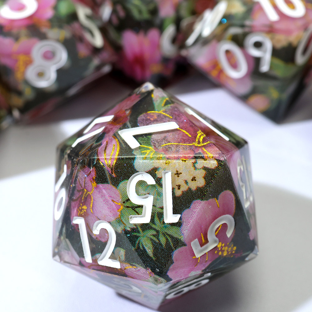 Dark Base Pink Hibiscus Floral Sharp Edge Resin Dice Set 7PCS For DND TTRPG