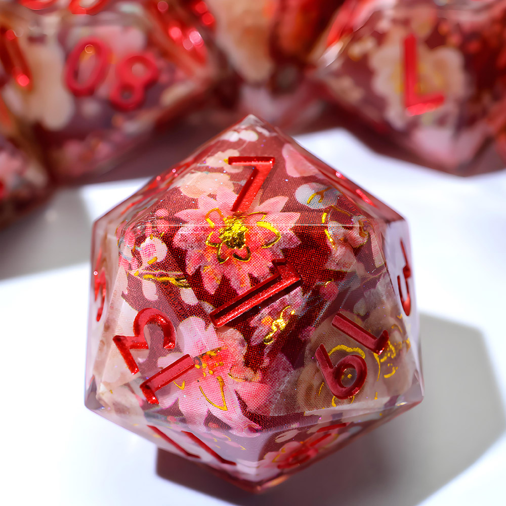Burgundy Base Pink Peony Floral Sharp Edge Resin Dice Set 7PCS For DND TTRPG Tabletop RPG Games