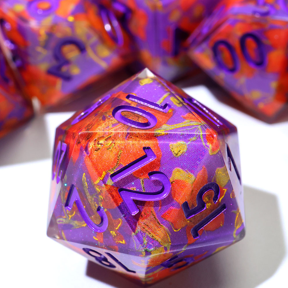 Purple Orange Floral Gold Vein Sharp Edge Resin Dice Set 7PCS For DND TTRPG