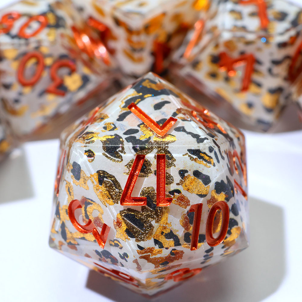 White Base Leopard Print Gold Flake Sharp Edge Resin Dice Set 7PCS For DND TTRPG Tabletop RPG Games