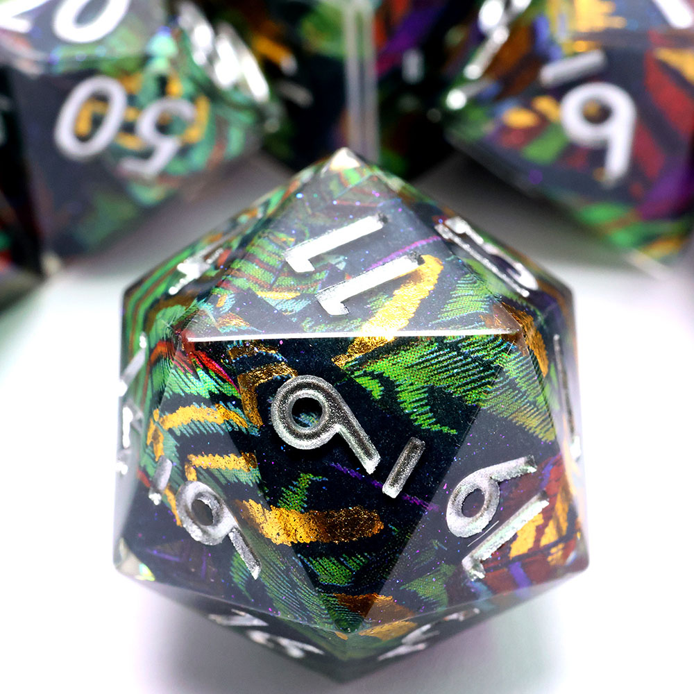 Dark Glitter Peacock Feather Sharp Edge Resin Dice Set 7PCS For DND TTRPG Tabletop RPG Games