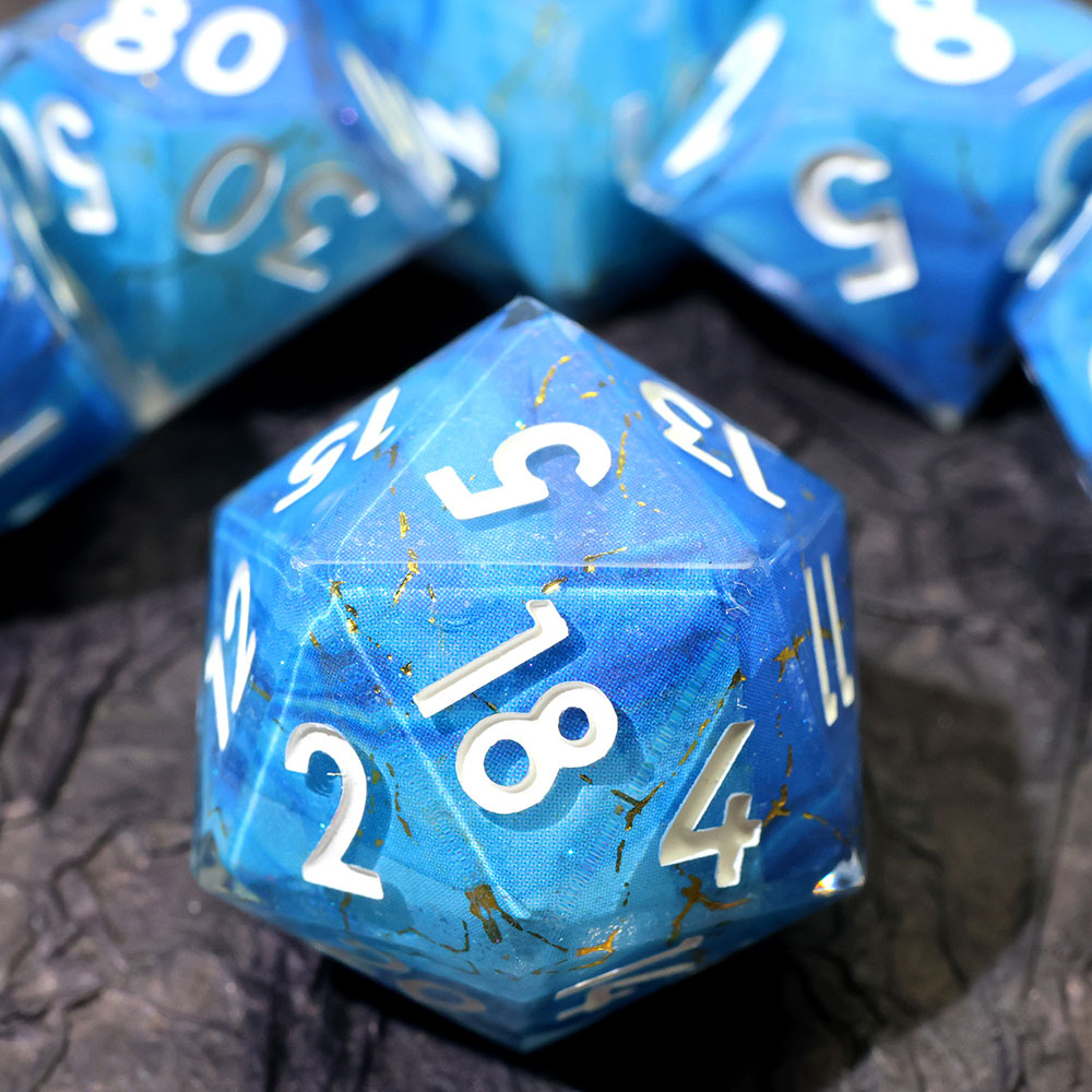Bright Ocean Blue Marble Gold Vein Sharp Edge Resin Dice Set 7PCS For DND TTRPG Tabletop RPG Games