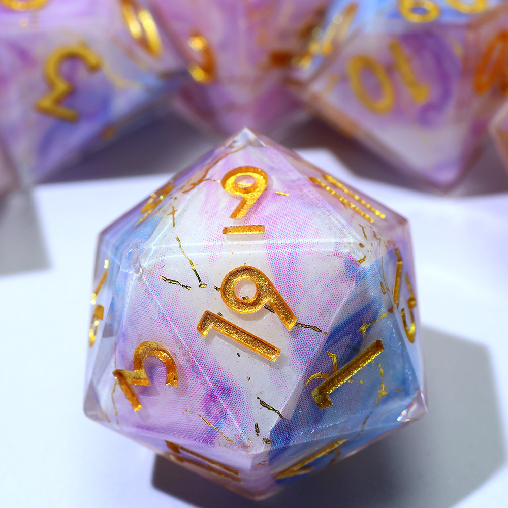 Pastel Blue Purple Gradient Marble Gold Vein Sharp Edge Resin Dice Set 7PCS For DND TTRPG Tabletop RPG Games