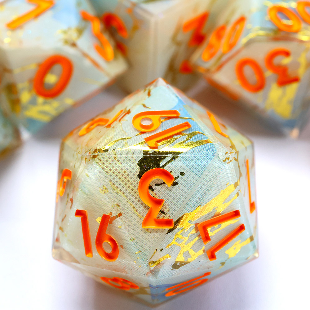 Sky Blue Cream Swirl Gold Vein Sharp Edge Resin Dice Set 7PCS For DND TTRPG Tabletop RPG Games