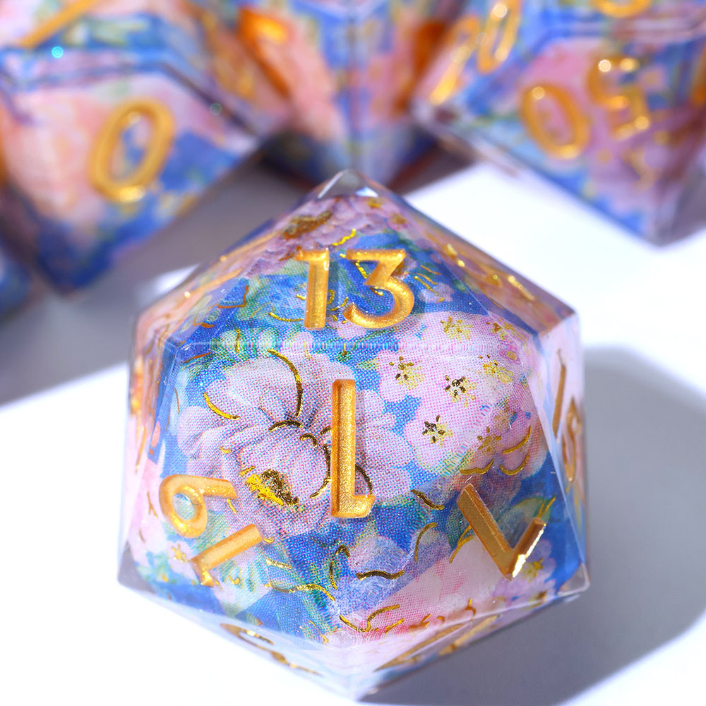 Blue Base Pink Peony Floral Sharp Edge Resin Dice Set 7PCS For DND TTRPG Tabletop RPG Games