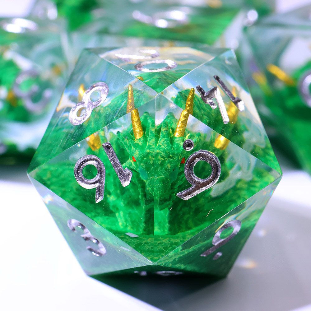 Green Forest Mini Dragon Skull Sharp Edge Resin Dice Set 7PCS For DND TTRPG