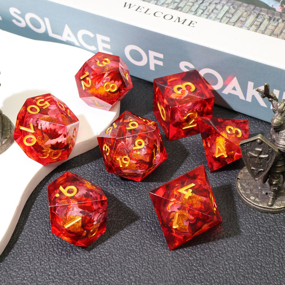 Red Fire Dragon Sharp Edge Resin Dice Set, 7PCS Polyhedral Dice with Gold Liquid Core & Gold Numbers for D&D TTRPG Tabletop Games